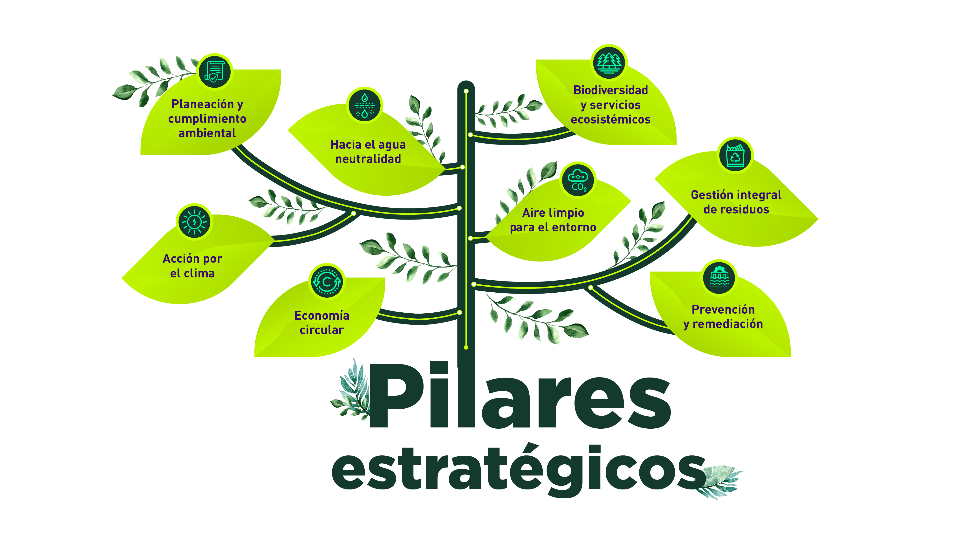 Esquema de presentación de los pilares estratégicos que se desarrollan en la sección.