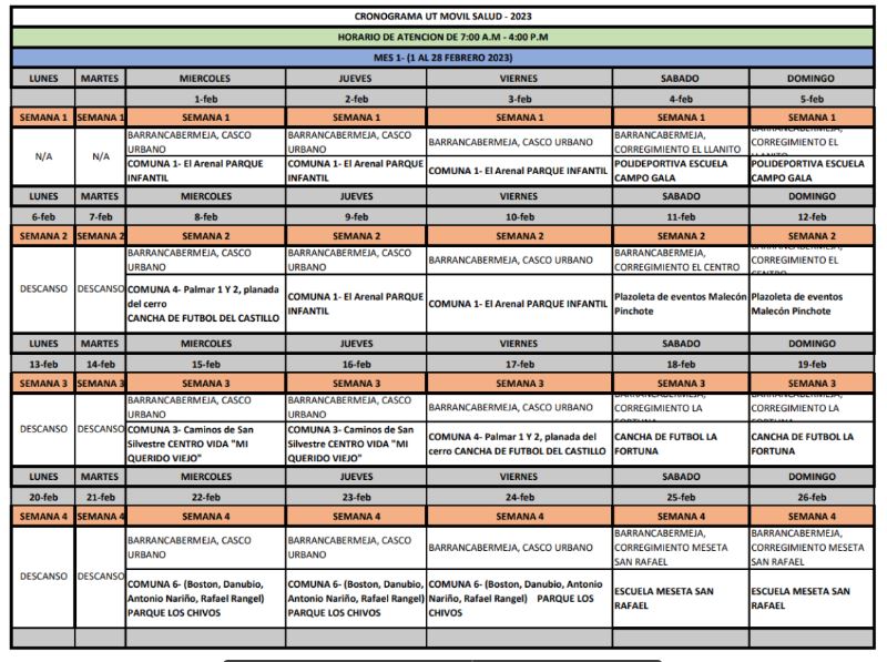 Cronograma para febrero de 2023